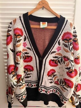 FARM Rio Floral Jacquard Cardigan in Cream, Pink and Brown